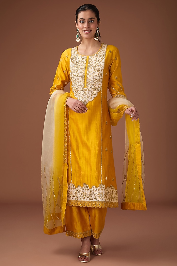 Yellow Pure Spun Silk Patch Marori Work Kurta Set by Surbhi Shah at Pernia's Pop Up Shop