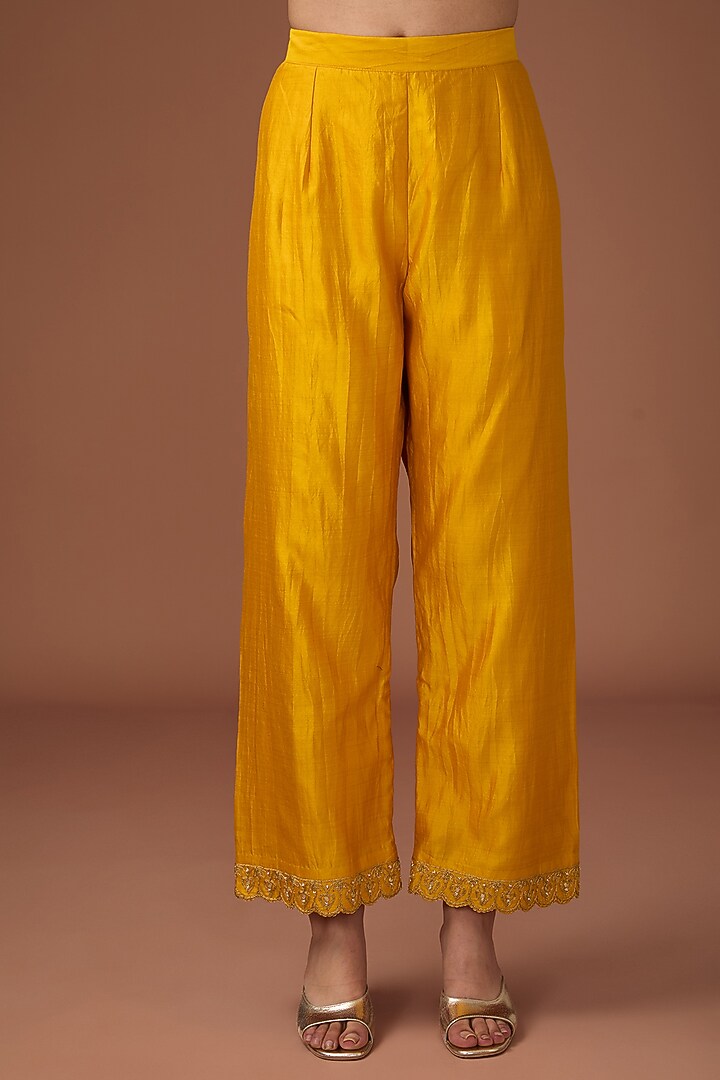 Yellow Pure Spun Silk Patch Marori Work Kurta Set by Surbhi Shah at Pernia's Pop Up Shop