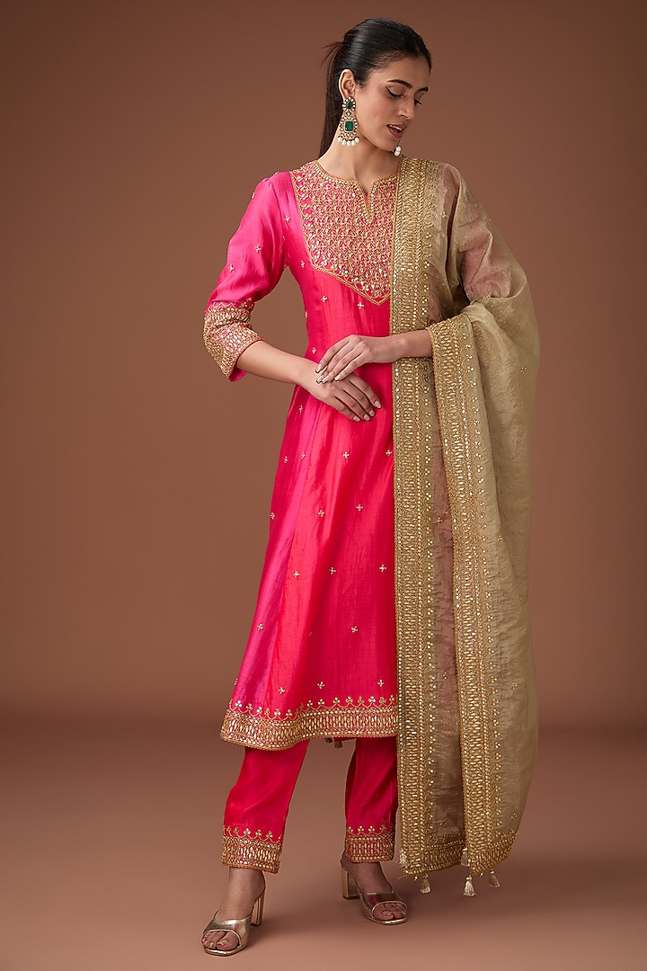 Red-Pink Pure Spun Silk Marori Work A-line Kurta Set by Surbhi Shah at Pernia's Pop Up Shop