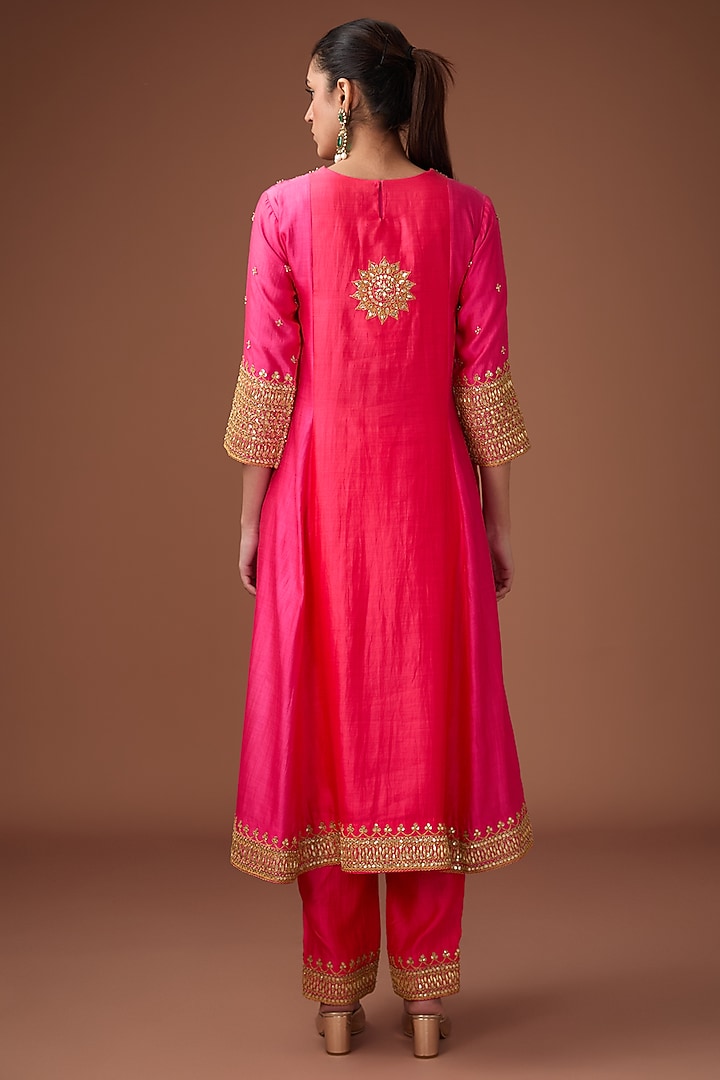Red-Pink Pure Spun Silk Marori Work A-line Kurta Set by Surbhi Shah at Pernia's Pop Up Shop