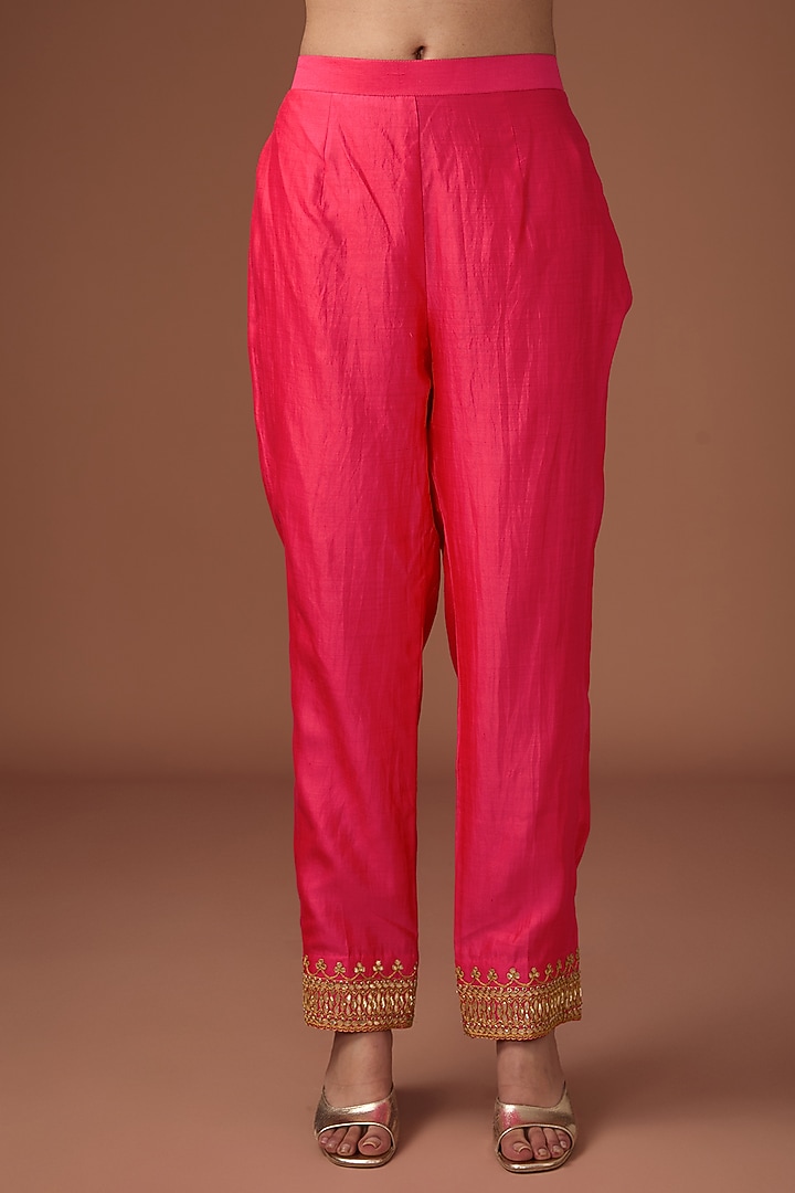 Red-Pink Pure Spun Silk Marori Work A-line Kurta Set by Surbhi Shah at Pernia's Pop Up Shop