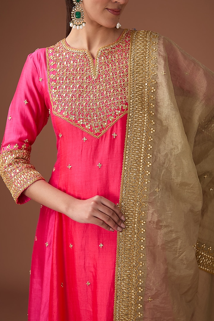 Red-Pink Pure Spun Silk Marori Work A-line Kurta Set by Surbhi Shah at Pernia's Pop Up Shop
