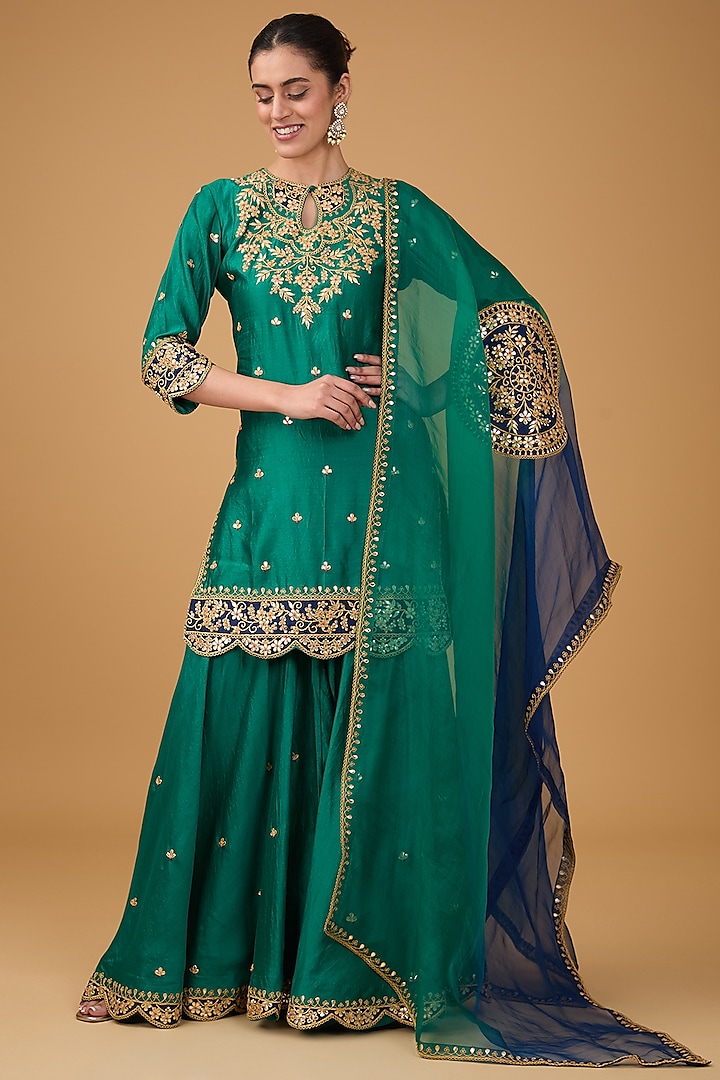 Emerald Green Pure Spun Silk Marori & Applique Embroidered Wedding Sharara Set by SURBHI SHAH at Pernia's Pop Up Shop