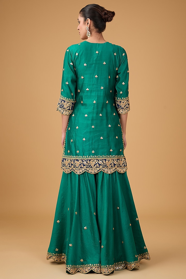 Emerald Green Pure Spun Silk Marori & Applique Embroidered Wedding Sharara Set by SURBHI SHAH at Pernia's Pop Up Shop