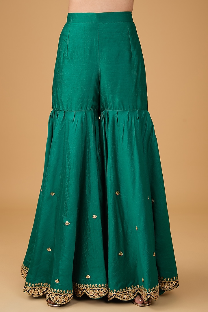 Emerald Green Pure Spun Silk Marori & Applique Embroidered Wedding Sharara Set by SURBHI SHAH at Pernia's Pop Up Shop