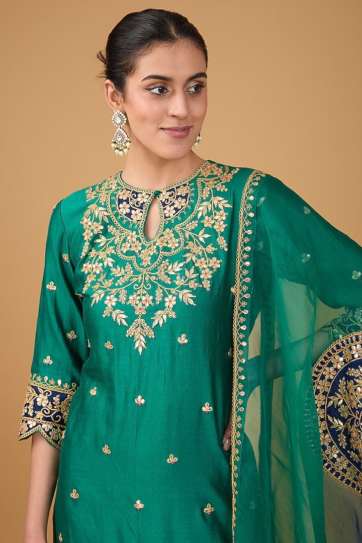 Emerald Green Pure Spun Silk Marori & Applique Embroidered Wedding Sharara Set by SURBHI SHAH at Pernia's Pop Up Shop