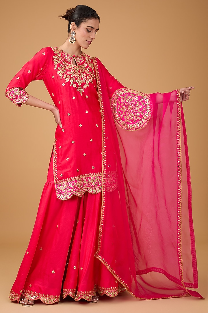 Red Pure Spun Silk Marori & Applique Embroidered Wedding Sharara Set by SURBHI SHAH at Pernia's Pop Up Shop