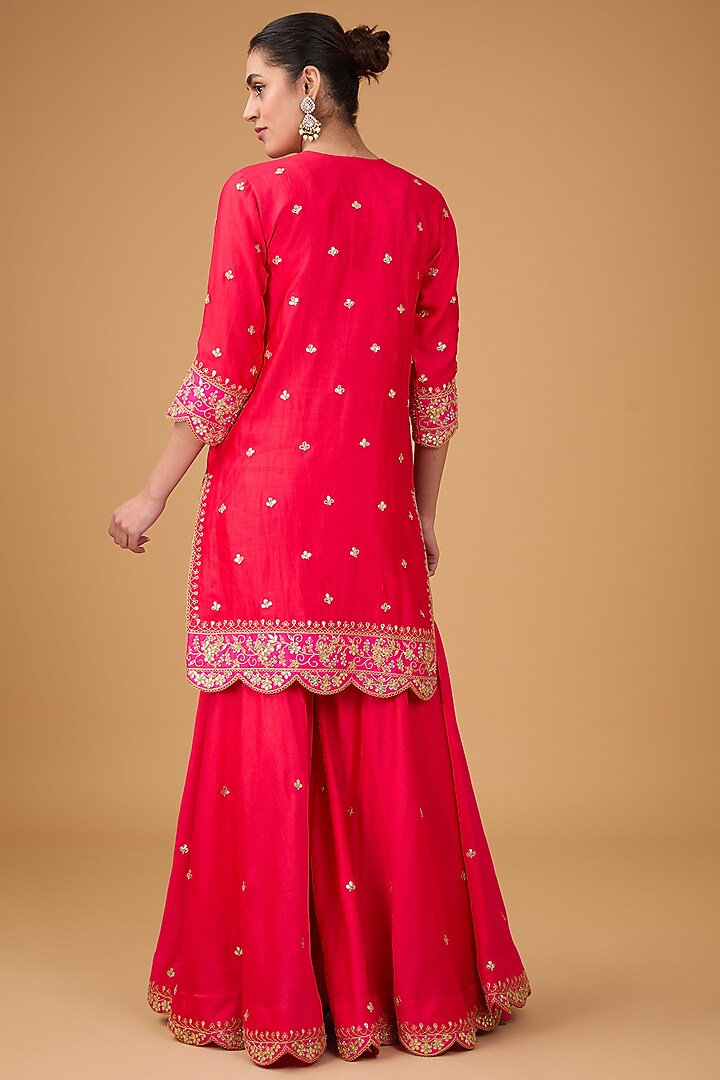 Red Pure Spun Silk Marori & Applique Embroidered Wedding Sharara Set by SURBHI SHAH at Pernia's Pop Up Shop