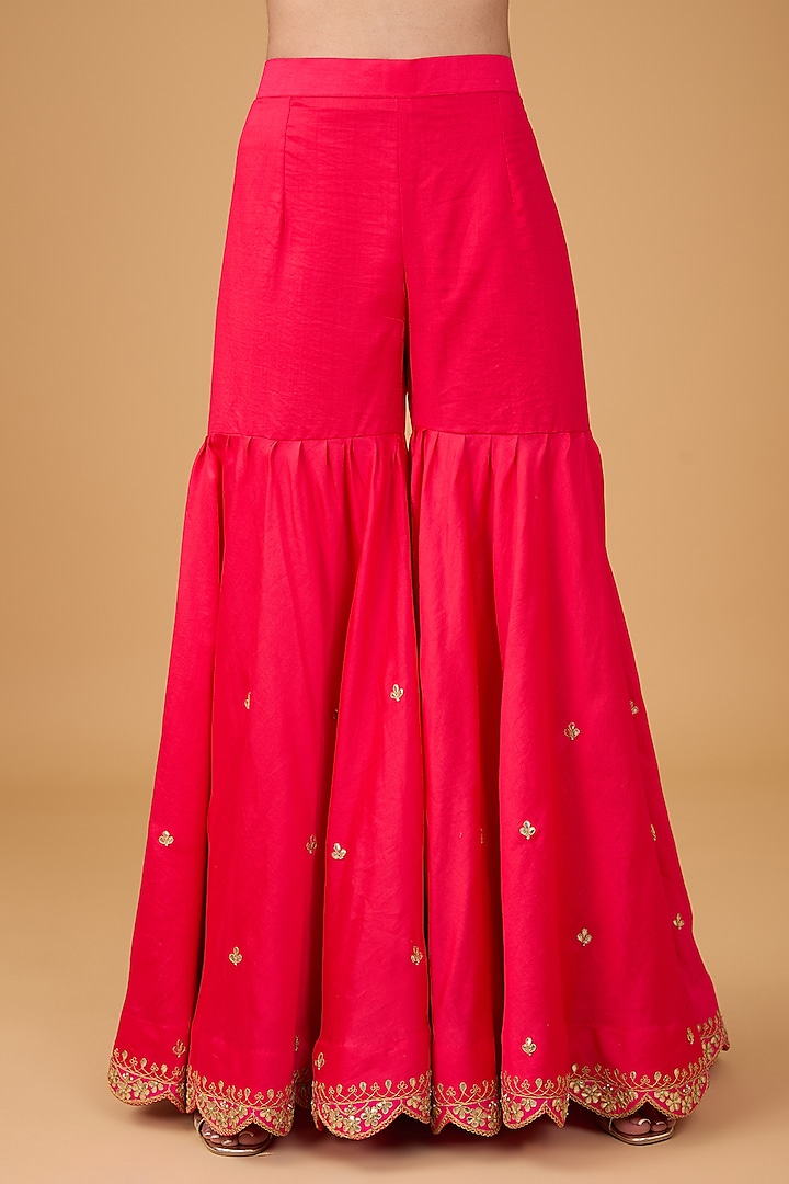 Red Pure Spun Silk Marori & Applique Embroidered Wedding Sharara Set by SURBHI SHAH at Pernia's Pop Up Shop