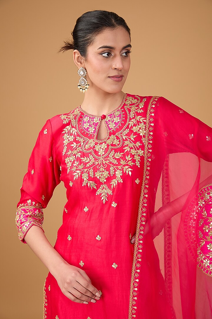 Red Pure Spun Silk Marori & Applique Embroidered Wedding Sharara Set by SURBHI SHAH at Pernia's Pop Up Shop