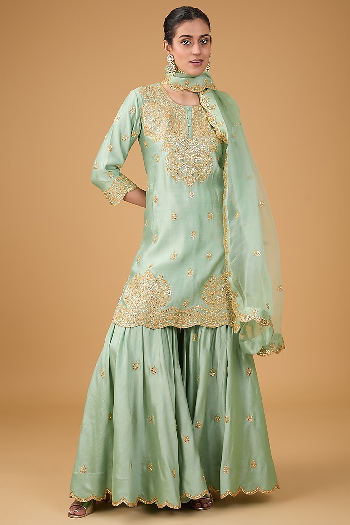 Sage Green Pure Spun Silk Marori & Gota Embroidered Wedding Sharara Set by SURBHI SHAH at Pernia's Pop Up Shop