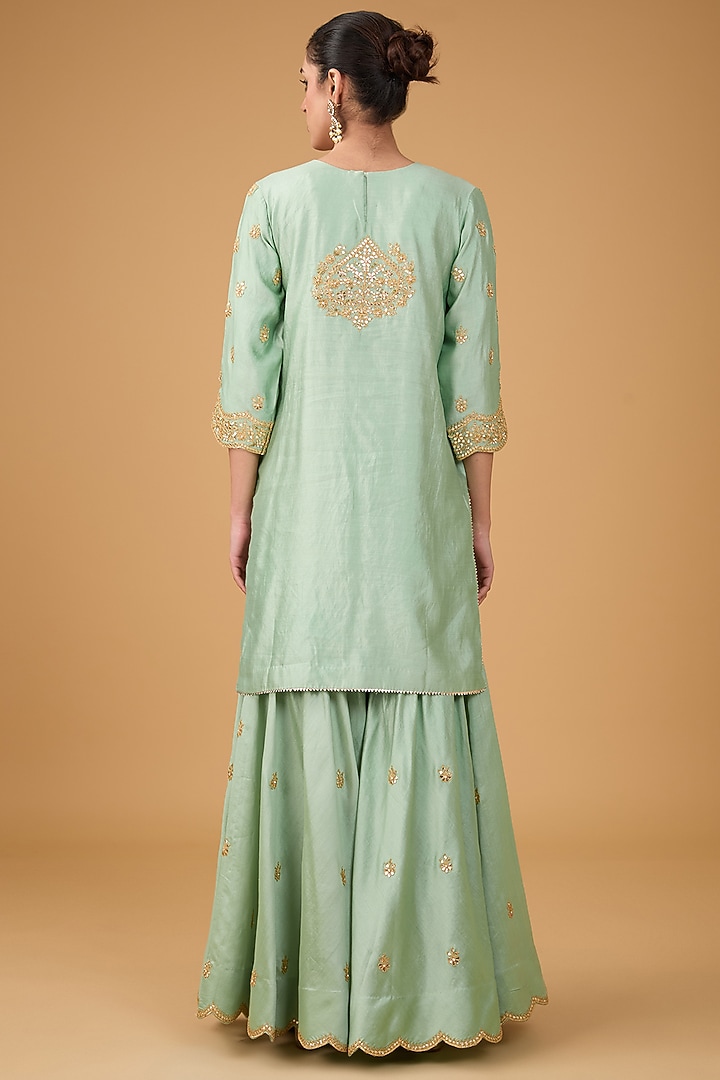 Sage Green Pure Spun Silk Marori & Gota Embroidered Wedding Sharara Set by SURBHI SHAH at Pernia's Pop Up Shop
