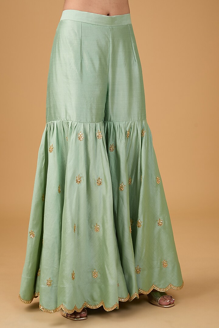 Sage Green Pure Spun Silk Marori & Gota Embroidered Wedding Sharara Set by SURBHI SHAH at Pernia's Pop Up Shop