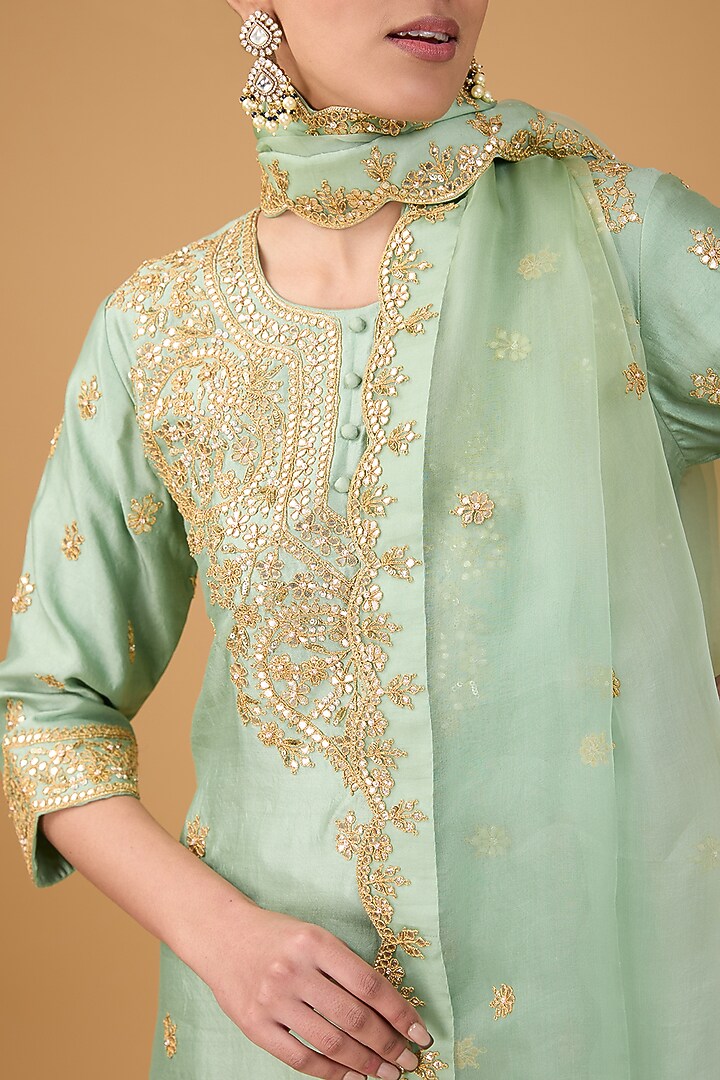 Sage Green Pure Spun Silk Marori & Gota Embroidered Wedding Sharara Set by SURBHI SHAH at Pernia's Pop Up Shop