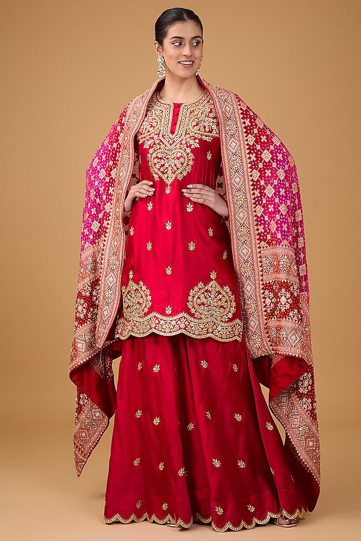 Maroon Pure Spun Silk Marori & Gota Embroidered Sharara Set by SURBHI SHAH