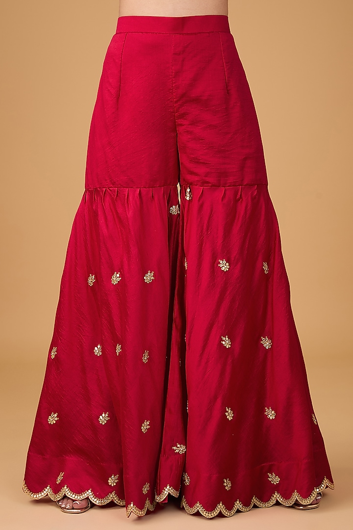 Maroon Pure Spun Silk Marori & Gota Embroidered Wedding Sharara Set by SURBHI SHAH at Pernia's Pop Up Shop