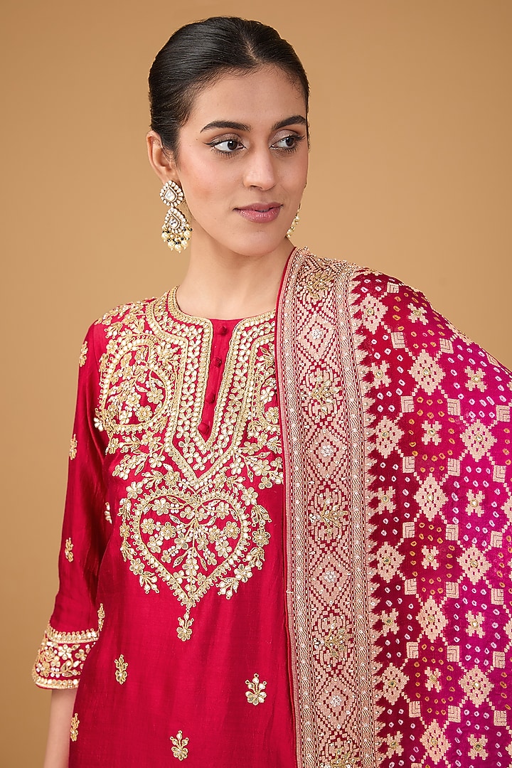 Maroon Pure Spun Silk Marori & Gota Embroidered Wedding Sharara Set by SURBHI SHAH at Pernia's Pop Up Shop
