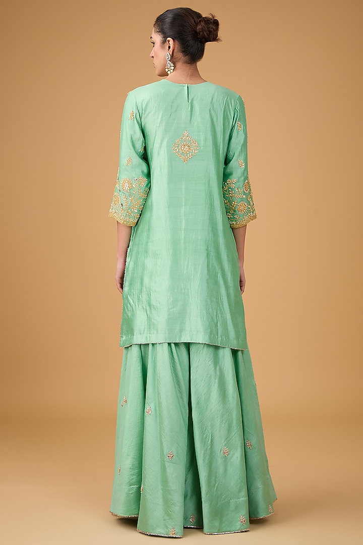 Sea Green Pure Spun Silk Marori & Gota Embroidered Wedding Sharara Set by SURBHI SHAH at Pernia's Pop Up Shop