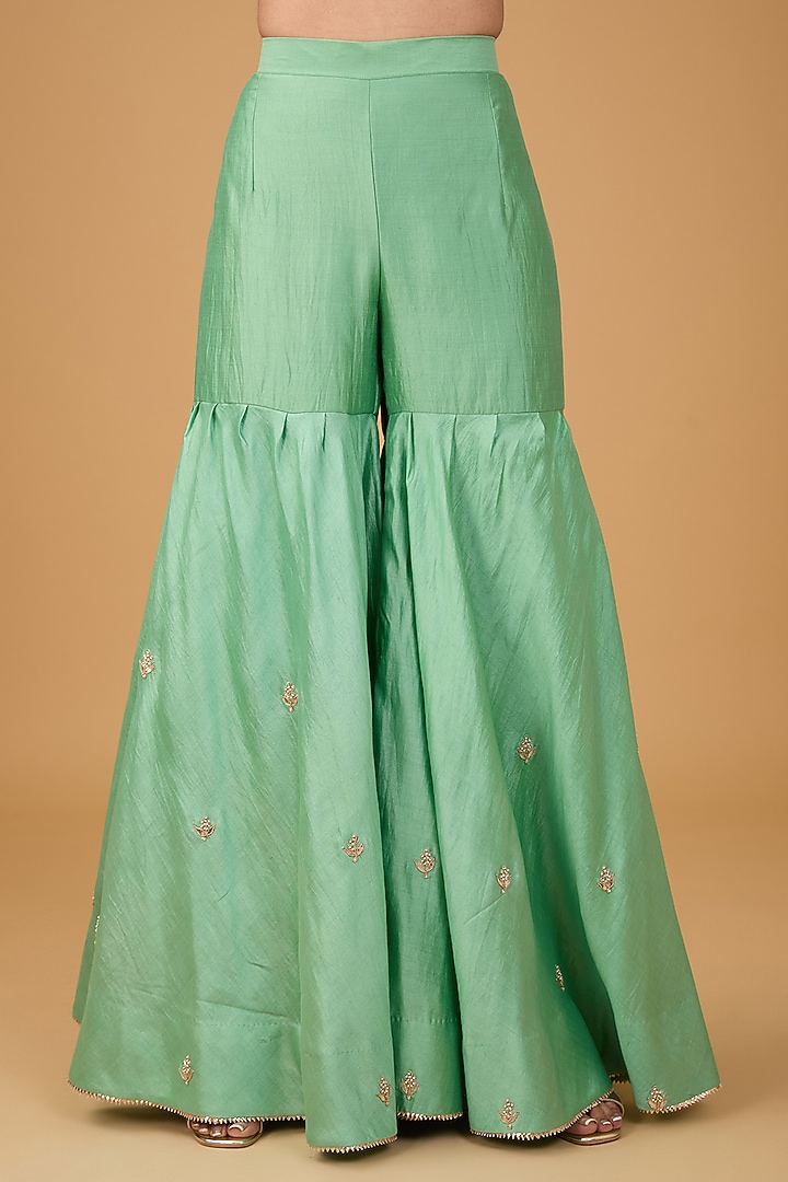 Sea Green Pure Spun Silk Marori & Gota Embroidered Wedding Sharara Set by SURBHI SHAH at Pernia's Pop Up Shop