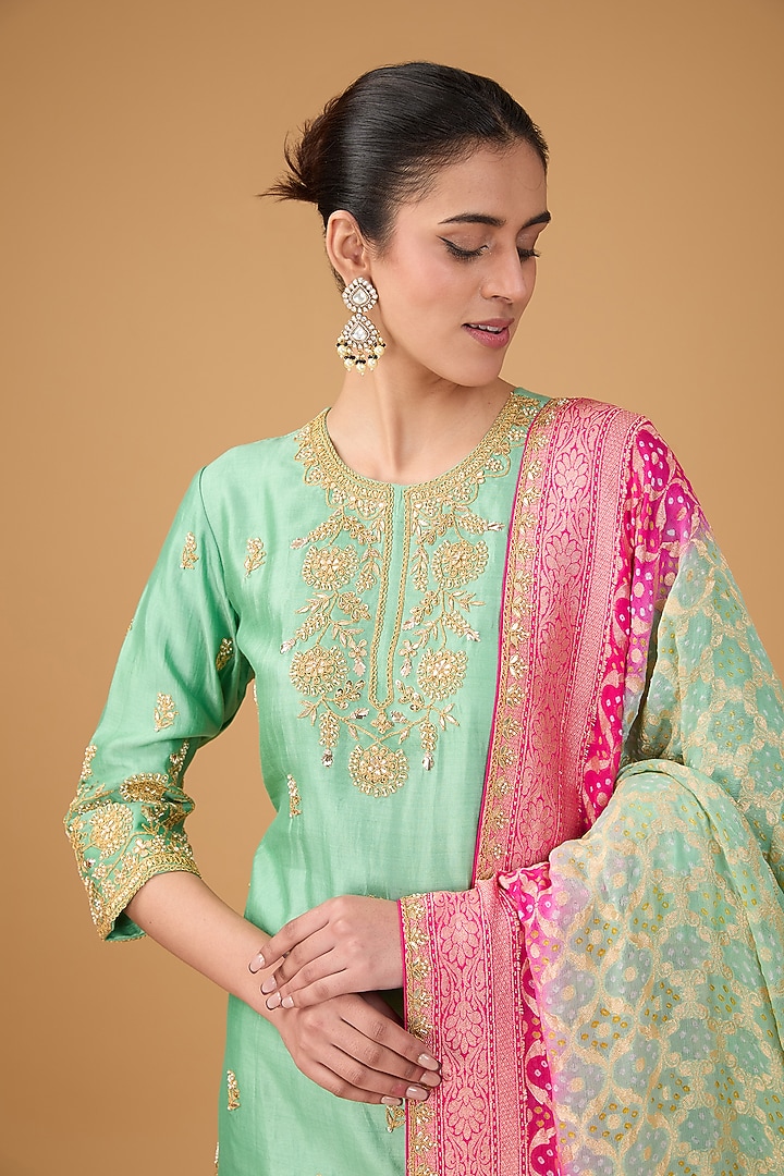 Sea Green Pure Spun Silk Marori & Gota Embroidered Wedding Sharara Set by SURBHI SHAH at Pernia's Pop Up Shop