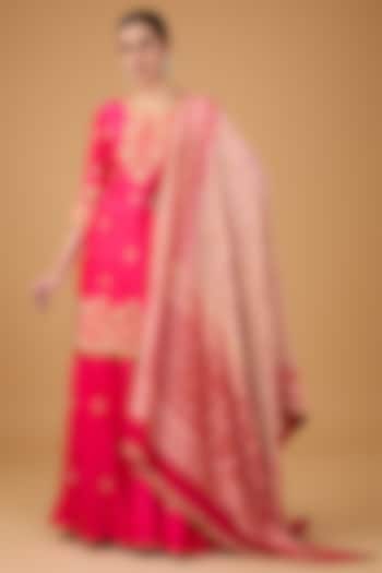 Red Pure Spun Silk Marori & Gota Embroidered Sharara Set by SURBHI SHAH