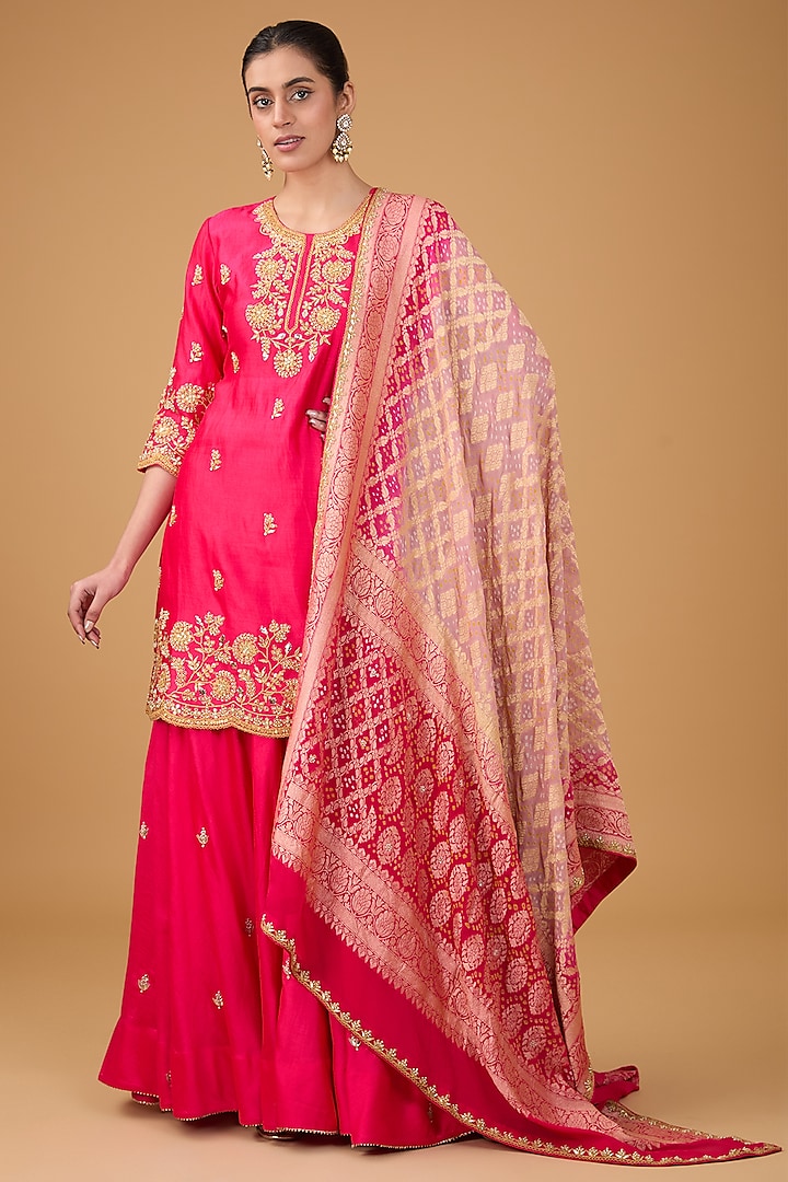Red Pure Spun Silk Marori & Gota Embroidered Sharara Set by SURBHI SHAH