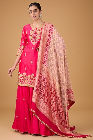 Red Pure Spun Silk Marori & Gota Embroidered Sharara Set by SURBHI SHAH