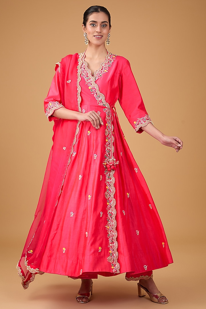 Red Pure Spun Silk Pearl & Resham Embroidered Angrakha Anarkali Set by SURBHI SHAH