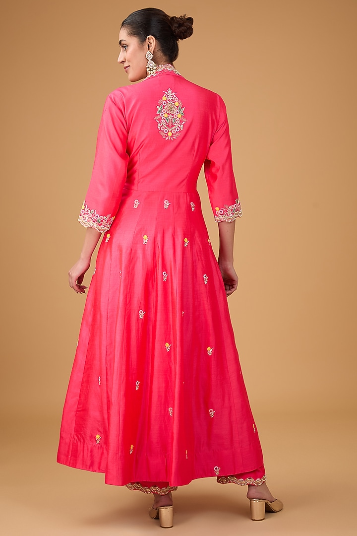 Red Pure Spun Silk Pearl & Resham Embroidered Angrakha Wedding Anarkali Set by SURBHI SHAH at Pernia's Pop Up Shop