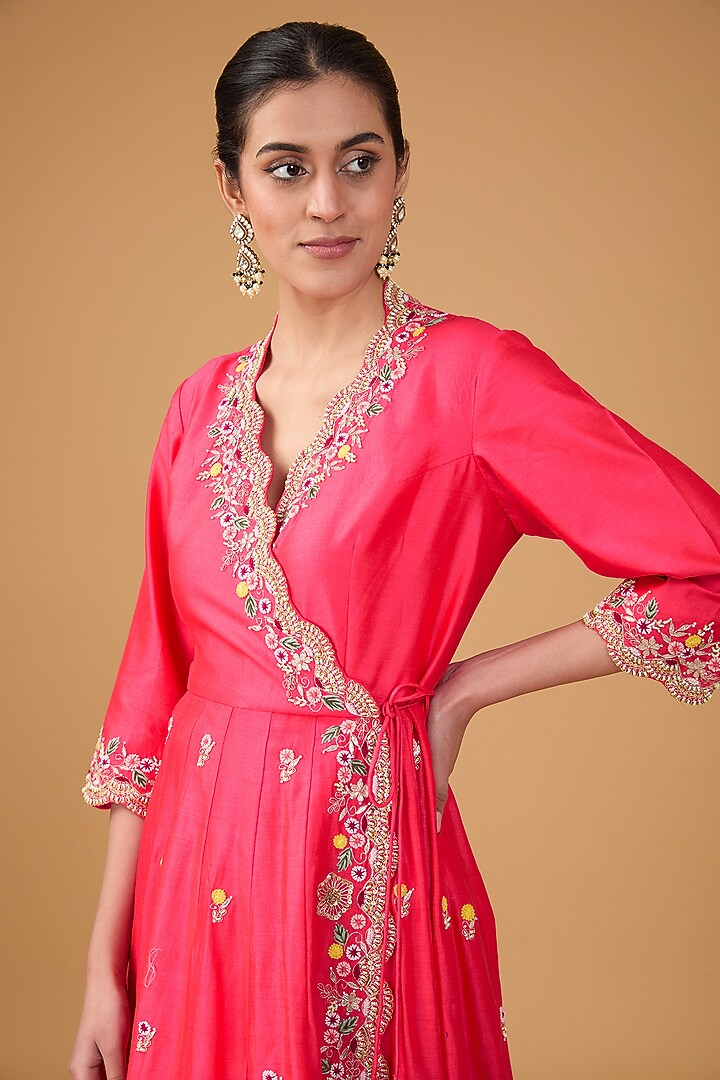 Red Pure Spun Silk Pearl & Resham Embroidered Angrakha Wedding Anarkali Set by SURBHI SHAH at Pernia's Pop Up Shop