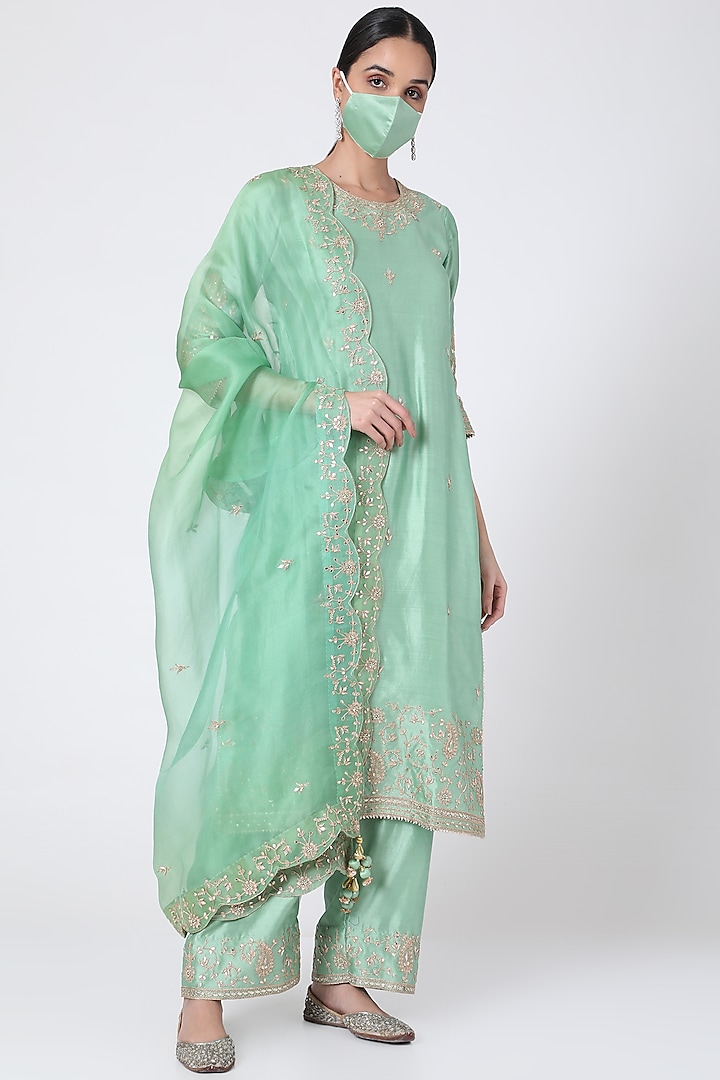 Turquoise Hand Embroidered Sharara Set by SURBHI SHAH