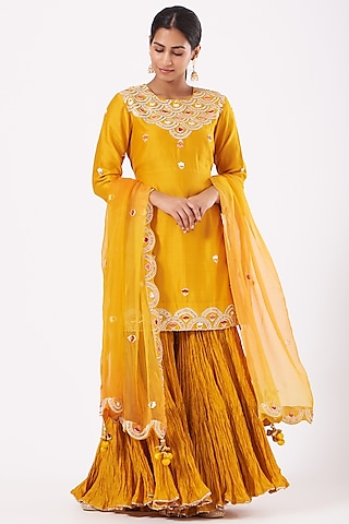 Yellow Crushed Chanderi Sharara Set by SURBHI SHAH