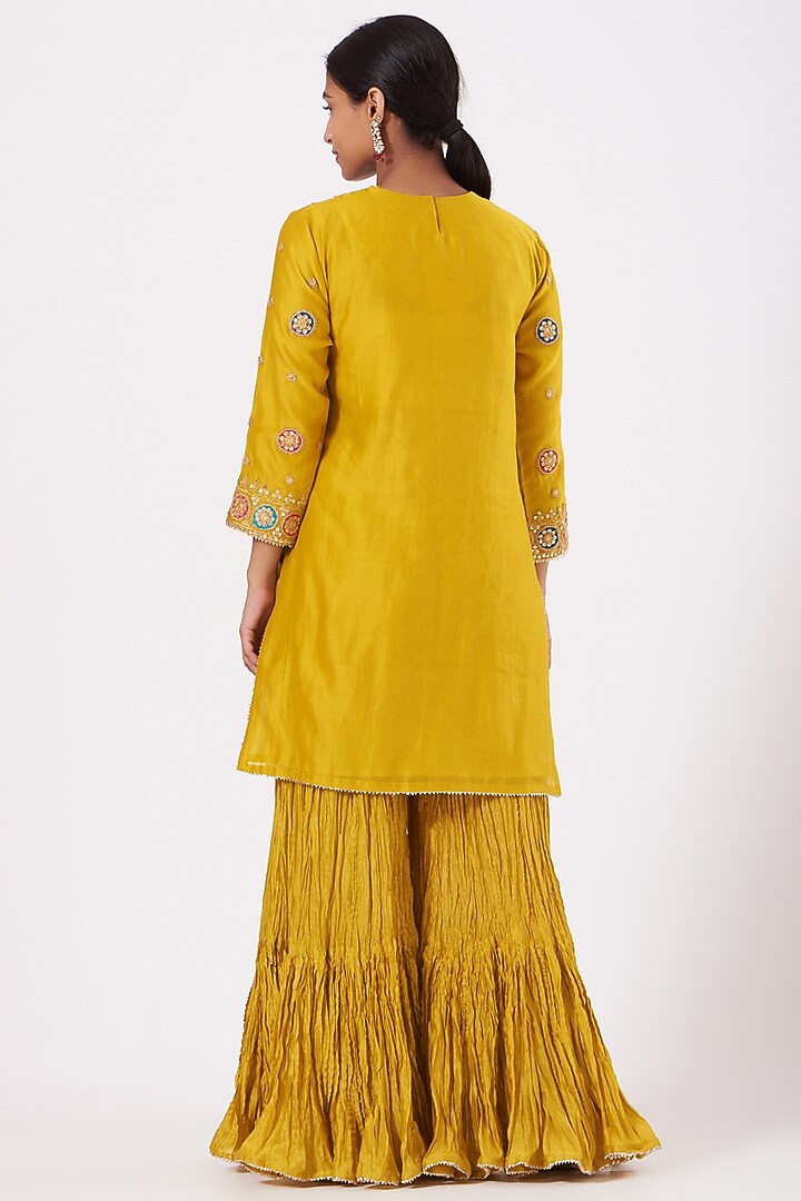 Mustard Crushed Chanderi Wedding Sharara Set by SURBHI SHAH at Pernia's Pop Up Shop