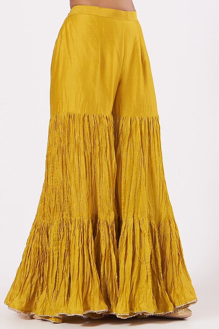 Mustard Crushed Chanderi Wedding Sharara Set by SURBHI SHAH at Pernia's Pop Up Shop