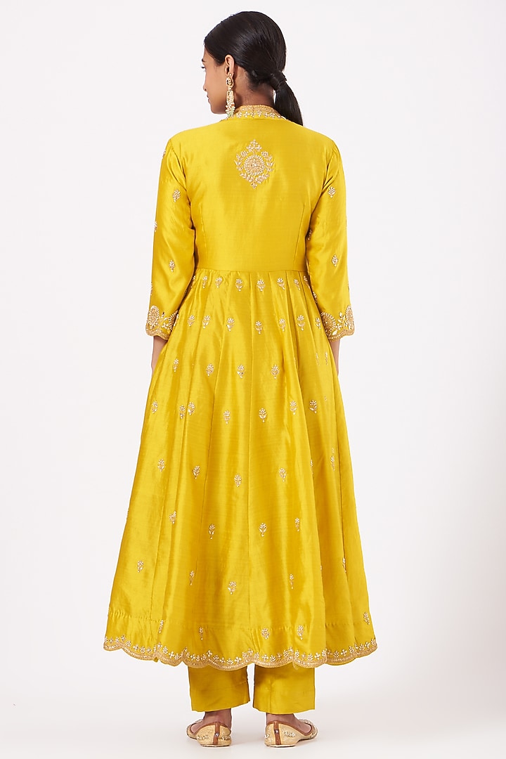 Yellow Hand Embroidered Angrakha Kurta Set by SURBHI SHAH at Pernia's Pop Up Shop