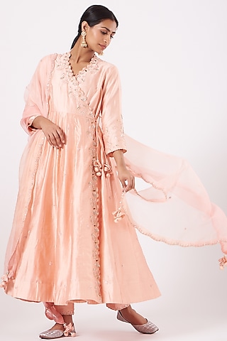 Peach Hand Embroidered Angrakha Kurta Set by SURBHI SHAH