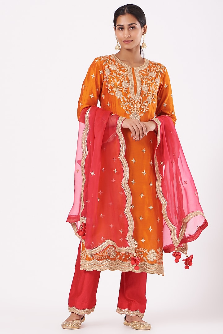 Orange Hand Embroidered Kurta Set by SURBHI SHAH at Pernia's Pop Up Shop