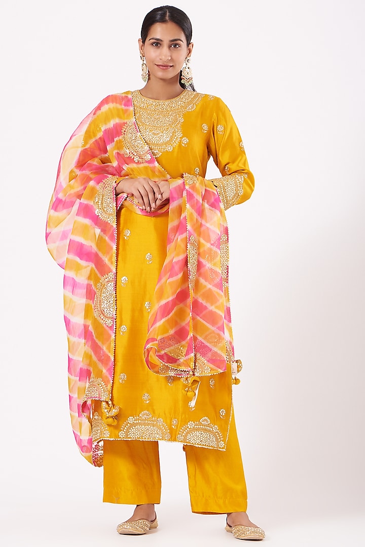 Yellow Pure Spun Silk Kurta Set by SURBHI SHAH