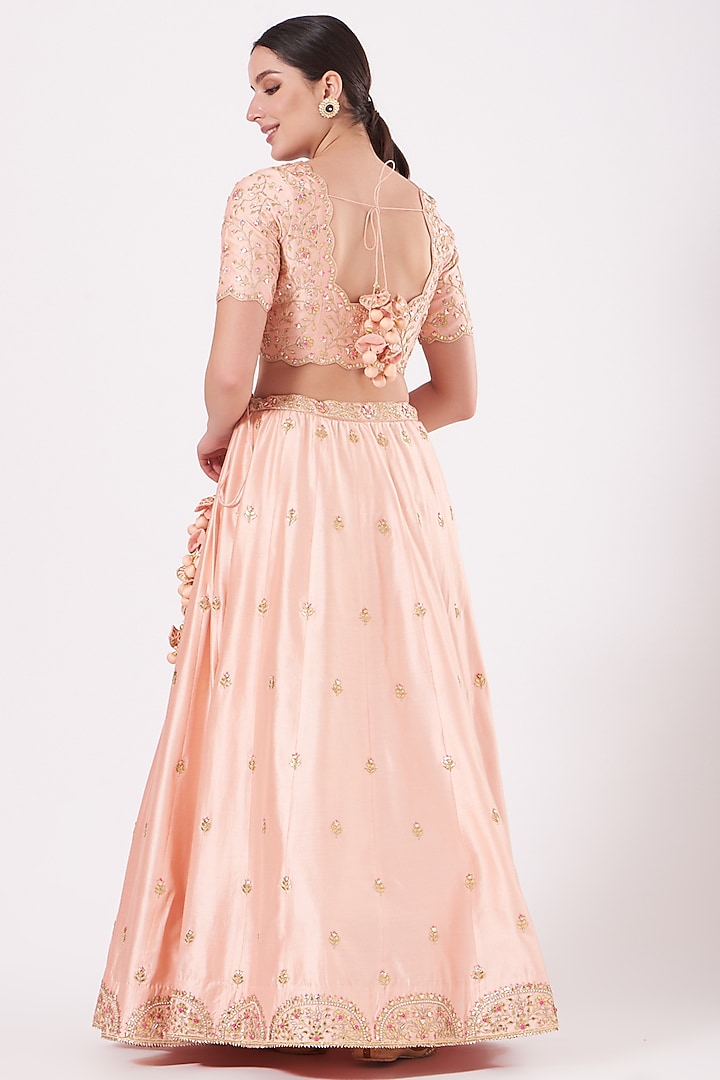 Peach Spun Silk Embroidered Wedding Lehenga Set by SURBHI SHAH at Pernia's Pop Up Shop