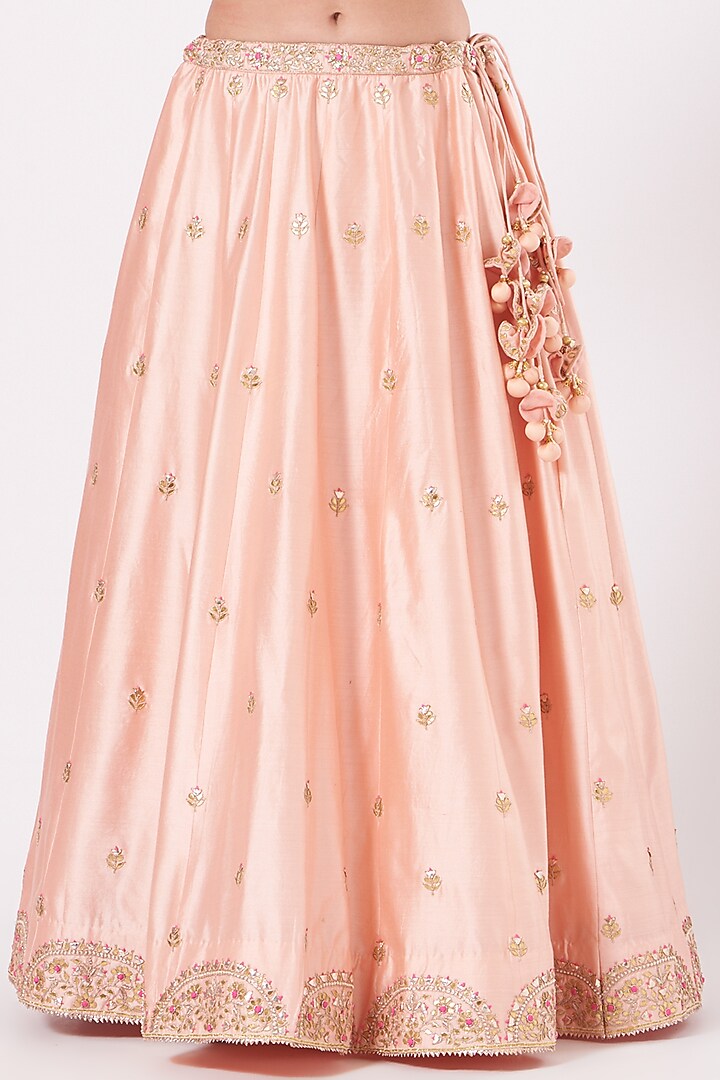 Peach Spun Silk Embroidered Wedding Lehenga Set by SURBHI SHAH at Pernia's Pop Up Shop