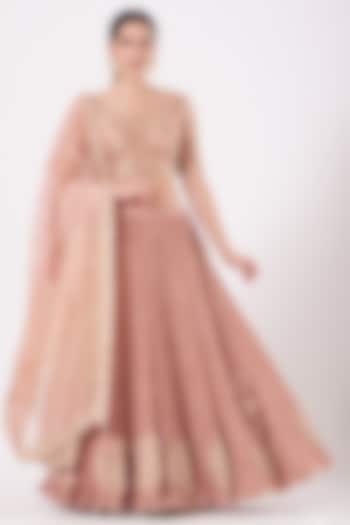 Rose Gold Crushed Silk Embroidered Wedding Lehenga Set by SURBHI SHAH at Pernia's Pop Up Shop