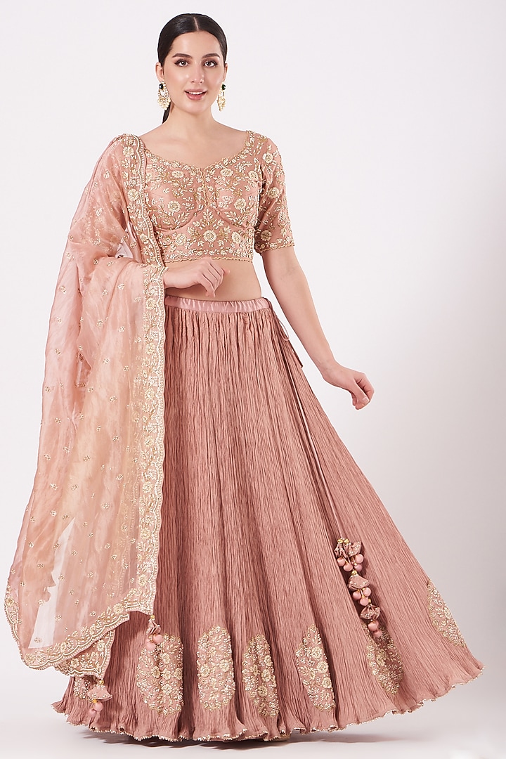 Rose Gold Crushed Silk Embroidered Wedding Lehenga Set by SURBHI SHAH at Pernia's Pop Up Shop