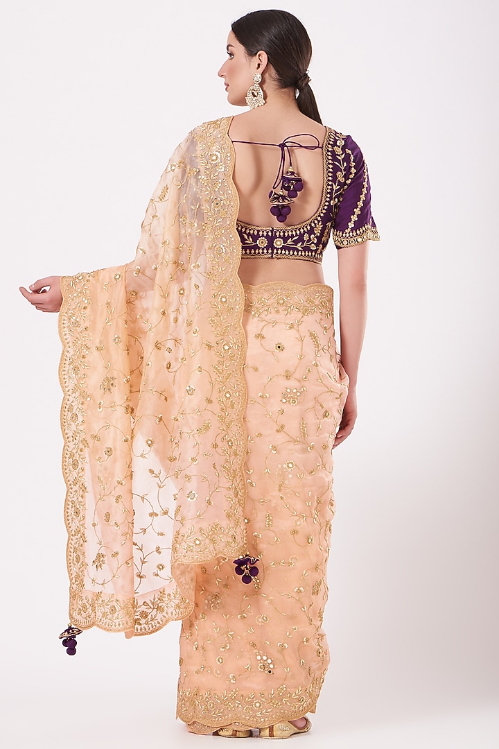 Peach Hand Embroidered Reception Saree Set by SURBHI SHAH at Pernia's Pop Up Shop
