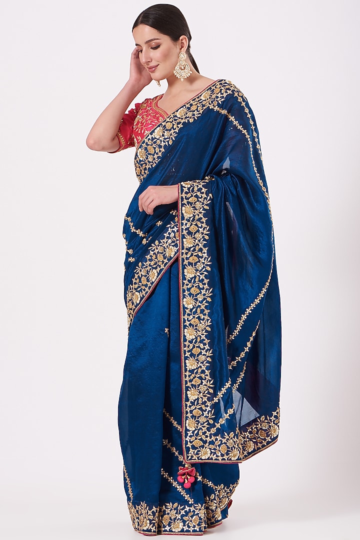 Blue Pure Kora Silk Hand Embroidered Wedding Saree Set by SURBHI SHAH at Pernia's Pop Up Shop