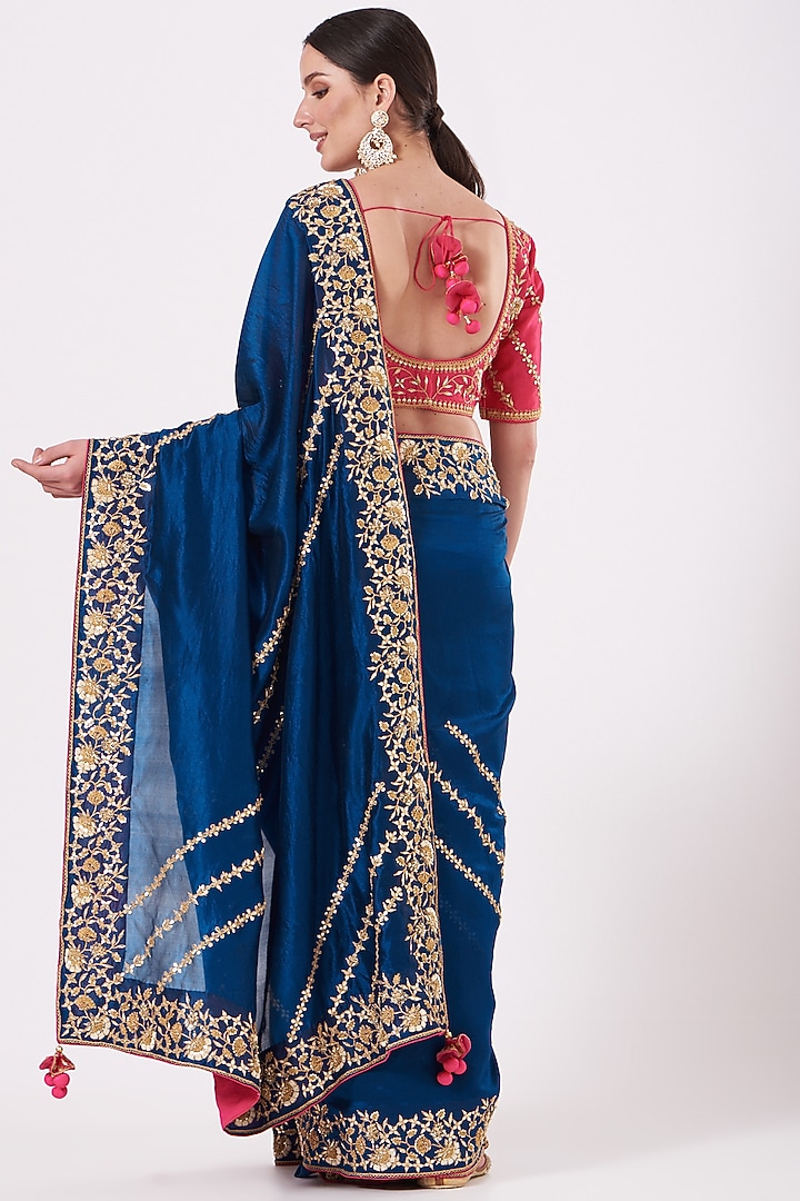 Blue Pure Kora Silk Hand Embroidered Wedding Saree Set by SURBHI SHAH at Pernia's Pop Up Shop