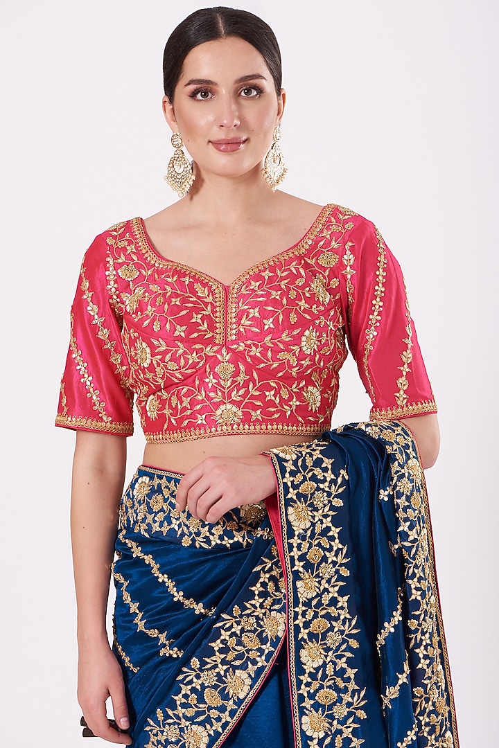 Blue Pure Kora Silk Hand Embroidered Wedding Saree Set by SURBHI SHAH at Pernia's Pop Up Shop