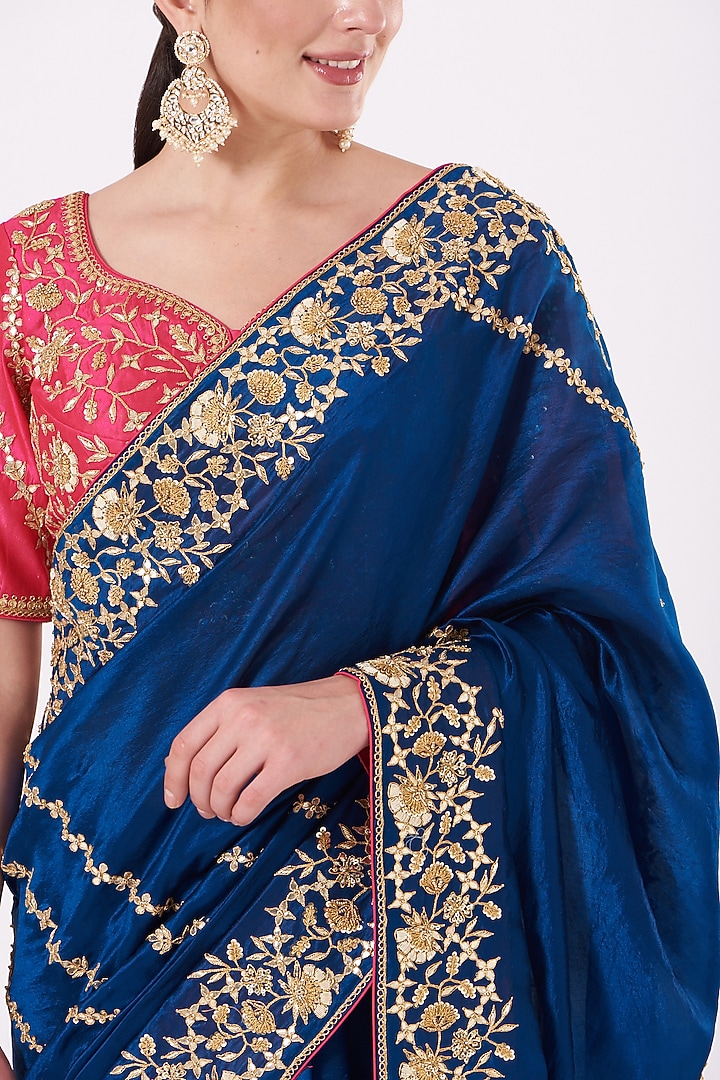 Blue Pure Kora Silk Hand Embroidered Wedding Saree Set by SURBHI SHAH at Pernia's Pop Up Shop