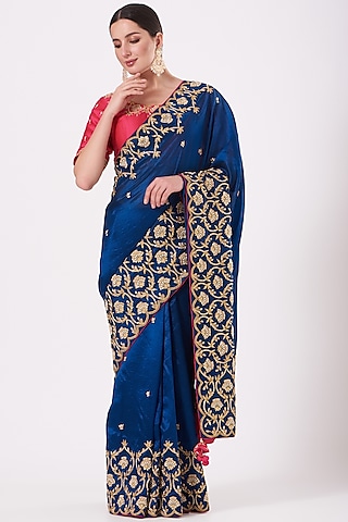 Blue Embroidered Saree Set by SURBHI SHAH