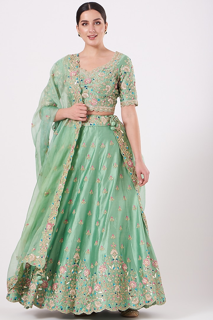 Green Hand Embroidered Wedding Lehenga Set by SURBHI SHAH at Pernia's Pop Up Shop