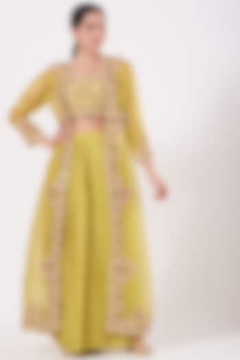 Yellow Hand Embroidered Cape Jacket Set by SURBHI SHAH